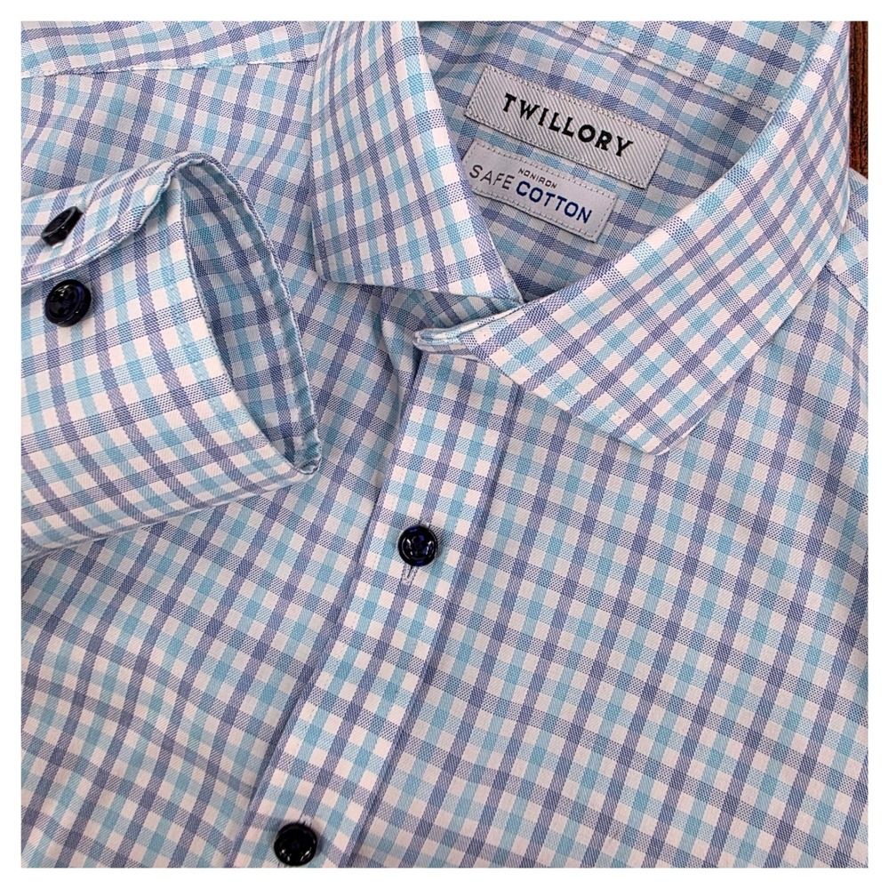 Twillory Safe Cotton‎ Button Down Shirt Mens 15 32/33 Blue Gingham Tailored Fit